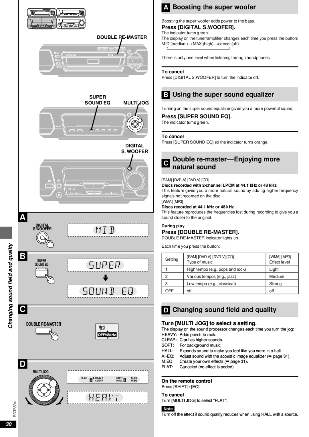 Technics SC-DV290 ªA Boosting the super woofer, ªB Using the super sound equalizer, ªD Changing sound field and quality 