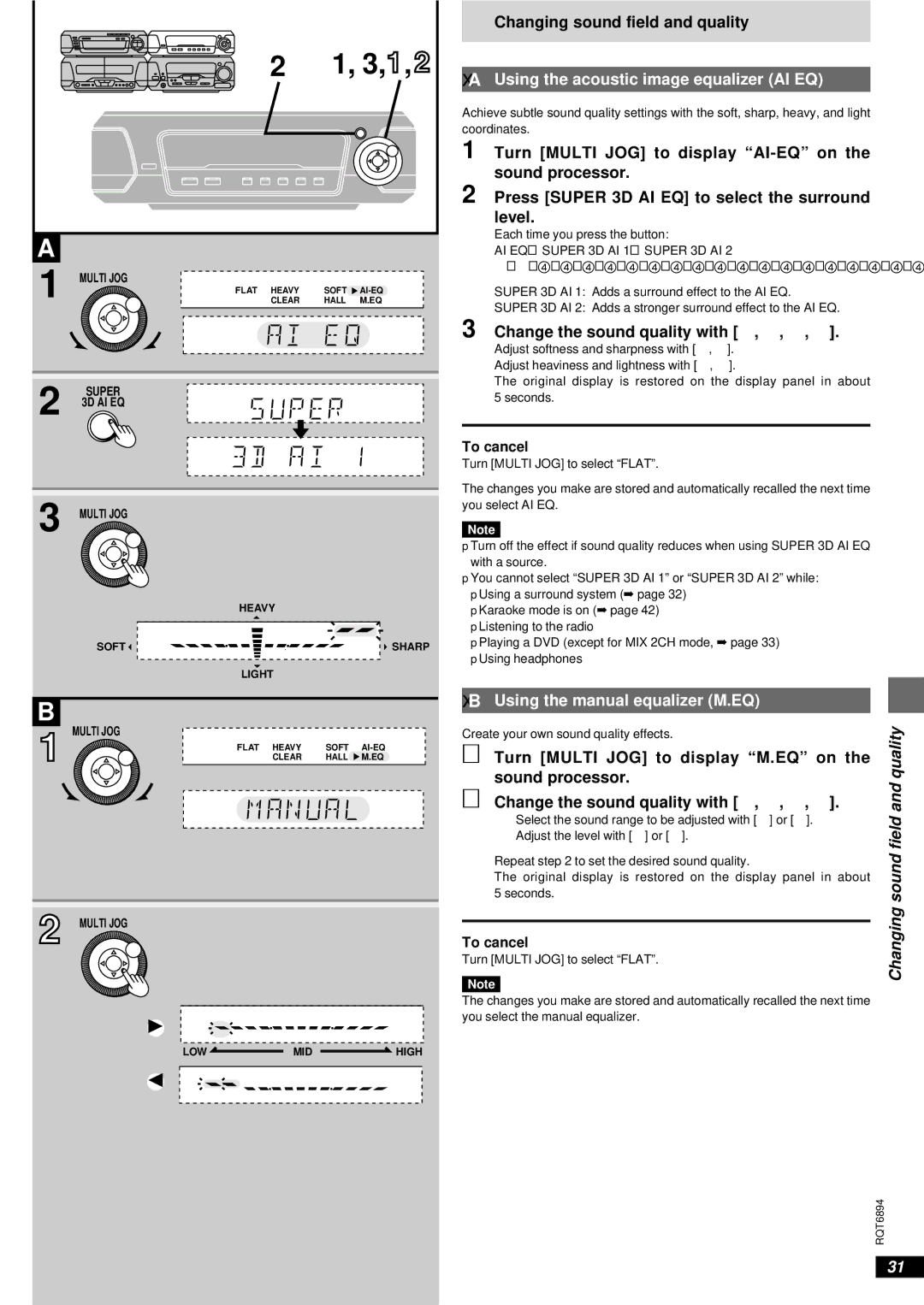 Technics SC-DV290 manual Changing sound field and quality, ªA Using the acoustic image equalizer AI EQ 