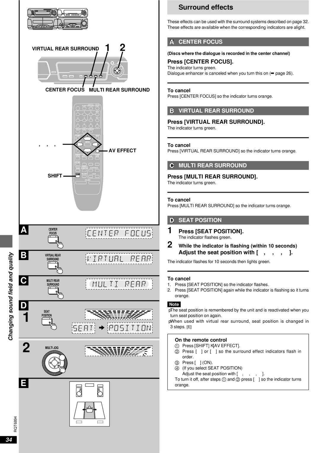 Technics SC-DV290 Surround effects, ªA Center Focus, ªB Virtual Rear Surround, ªC Multi Rear Surround, ªD Seat Position 