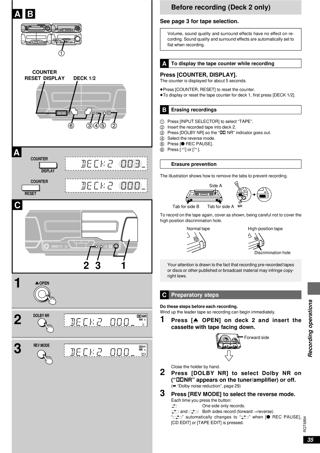 Technics SC-DV290 manual Before recording Deck 2 only, Press COUNTER, Display, Operations, Counter 