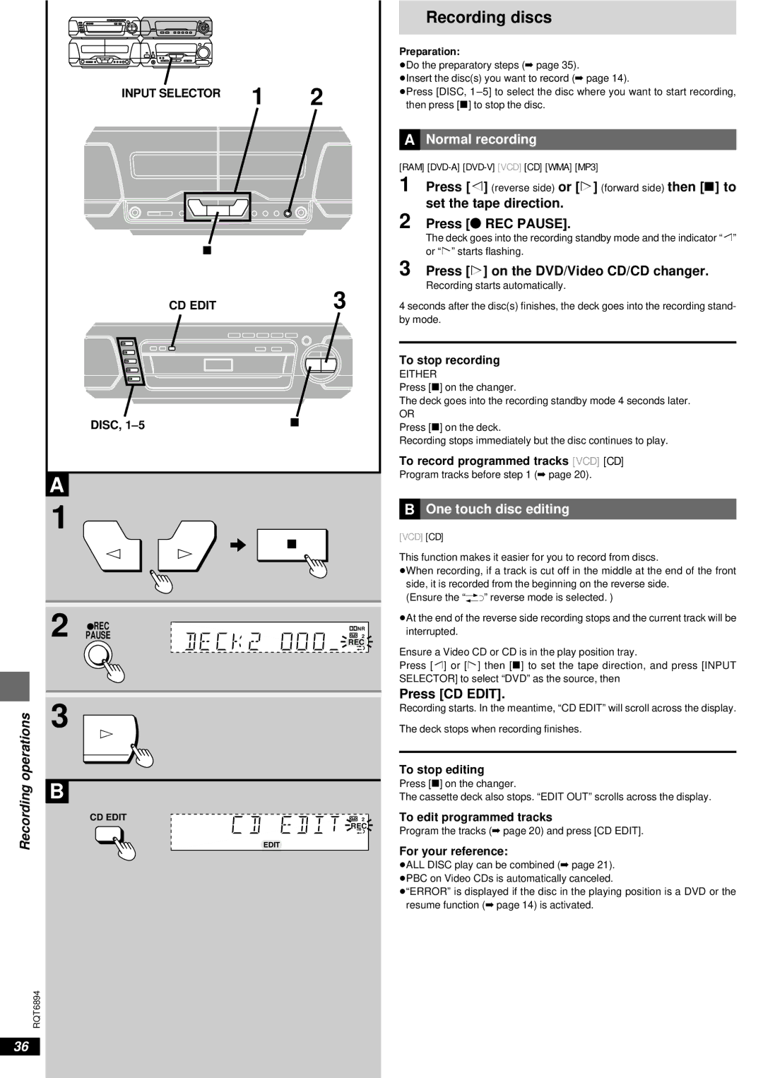 Technics SC-DV290 manual Recording discs, Recording operations, Normal recording, One touch disc editing, Press CD Edit 