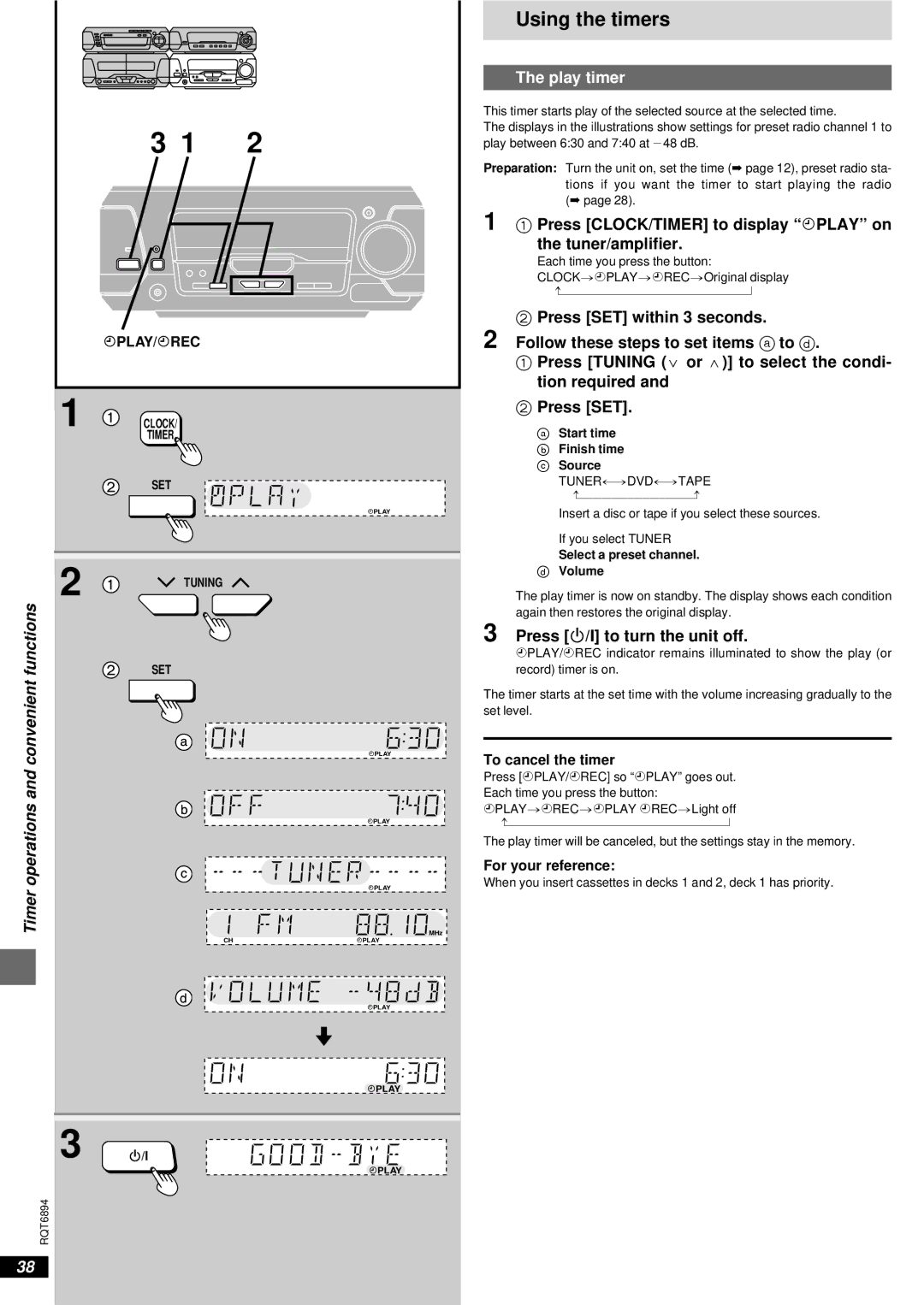 Technics SC-DV290 Using the timers, Timer operations and convenient functions, Play timer, Press /I to turn the unit off 