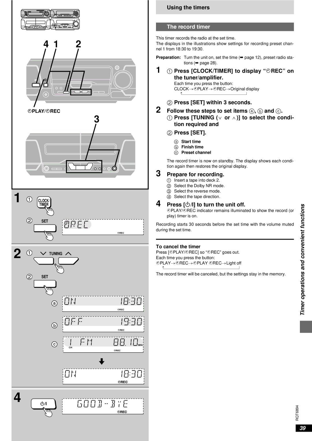 Technics SC-DV290 manual Using the timers, Record timer, Press CLOCK/TIMER to display &REC on the tuner/amplifier, Play REC 