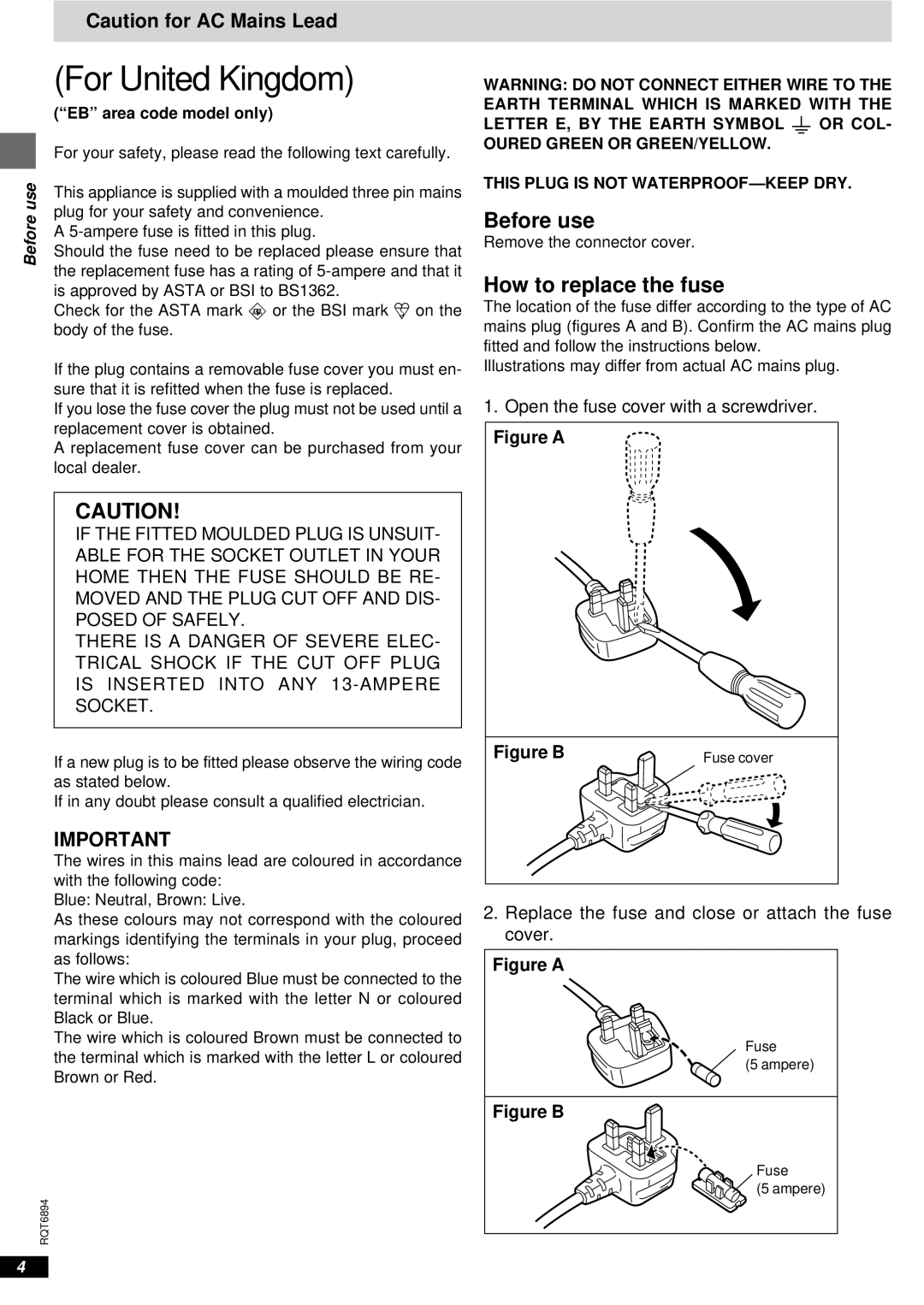 Technics SC-DV290 manual For United Kingdom, EB area code model only 