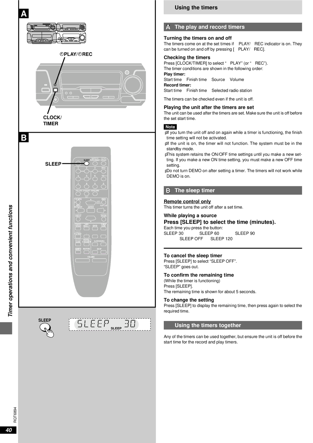 Technics SC-DV290 Play and record timers, Sleep timer, Press Sleep to select the time minutes, Using the timers together 