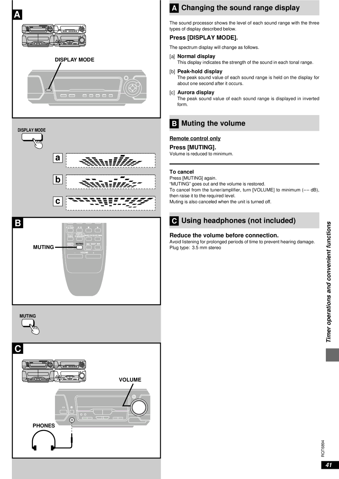 Technics SC-DV290 Changing the sound range display, Muting the volume, Functions, Reduce the volume before connection 