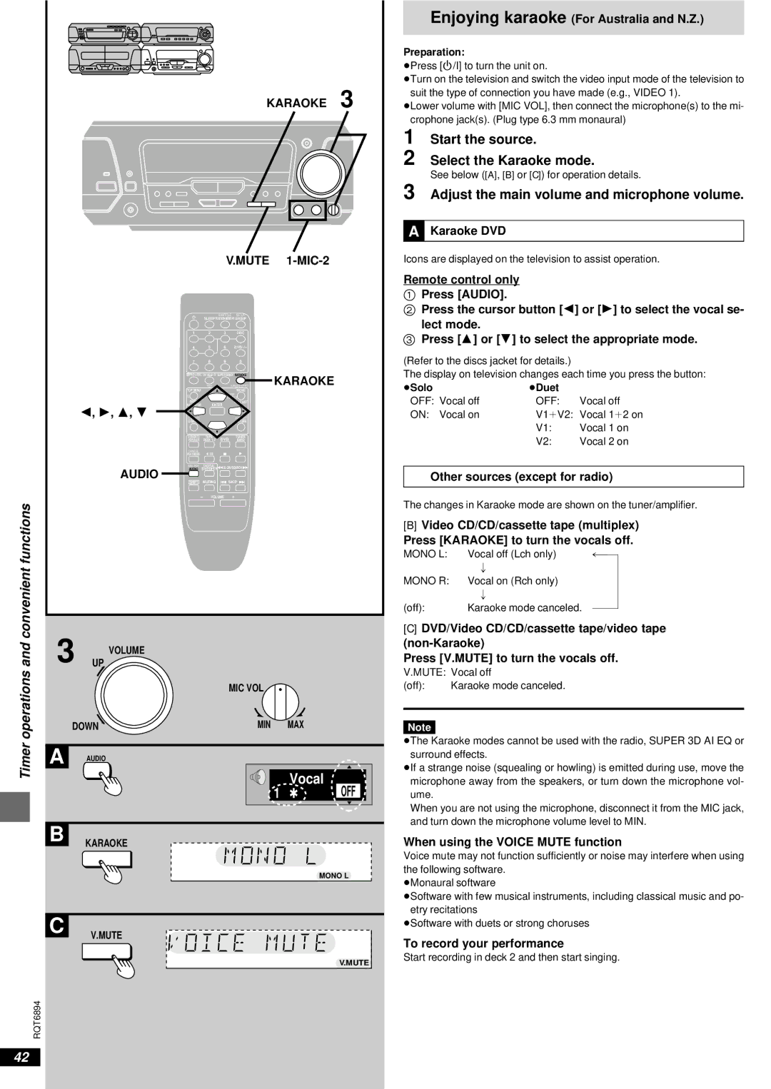 Technics SC-DV290 manual Start the source Select the Karaoke mode, Adjust the main volume and microphone volume 