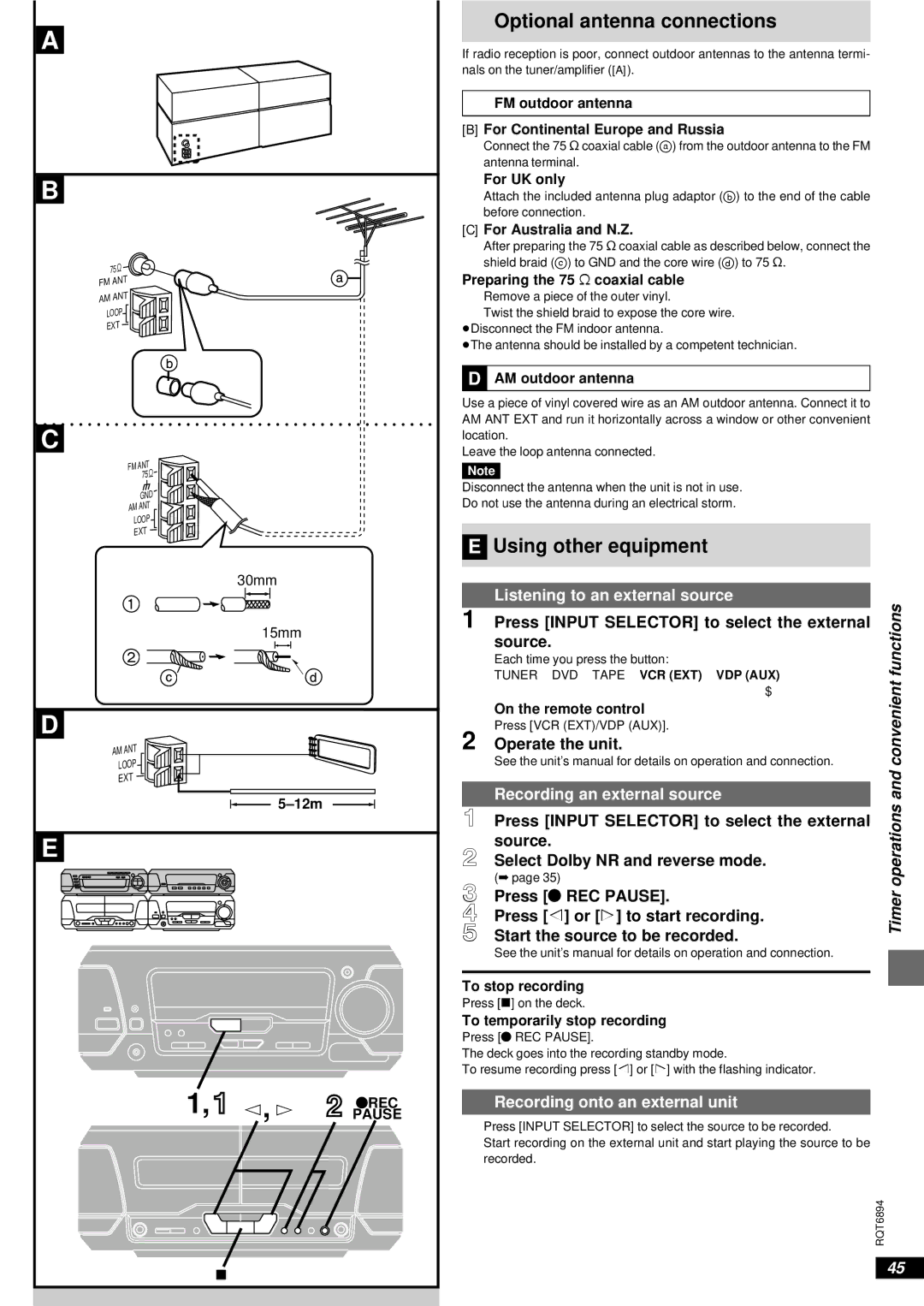 Technics SC-DV290 manual Optional antenna connections,  Using other equipment, Listening to an external source 