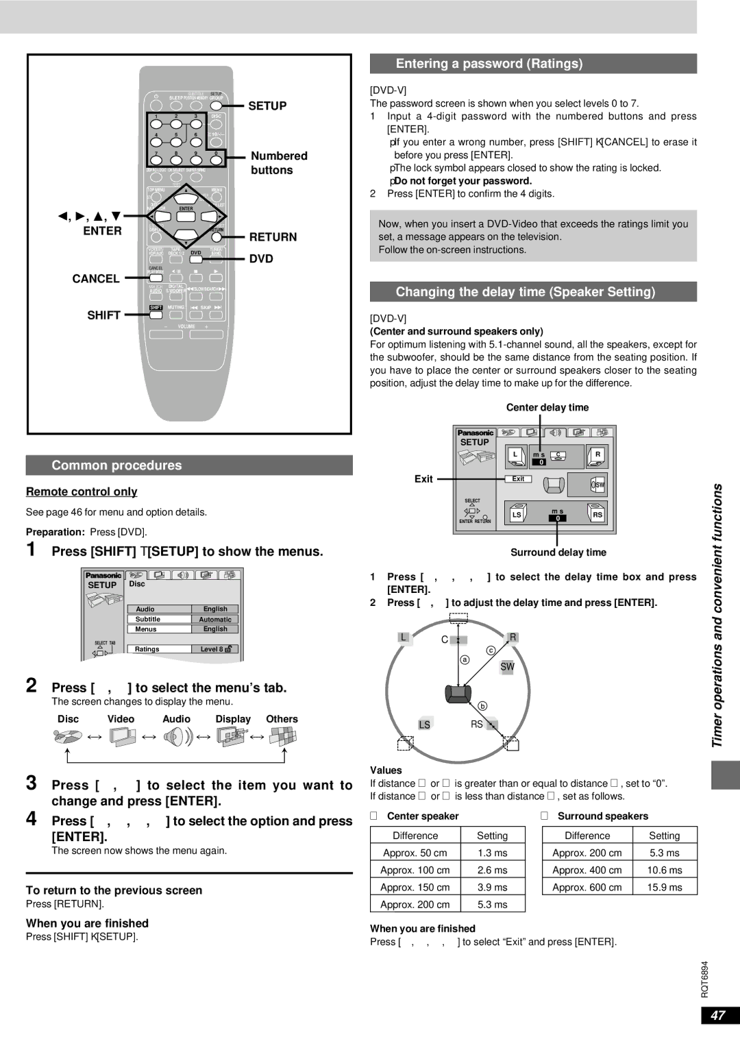 Technics SC-DV290 manual Entering a password Ratings, Changing the delay time Speaker Setting 