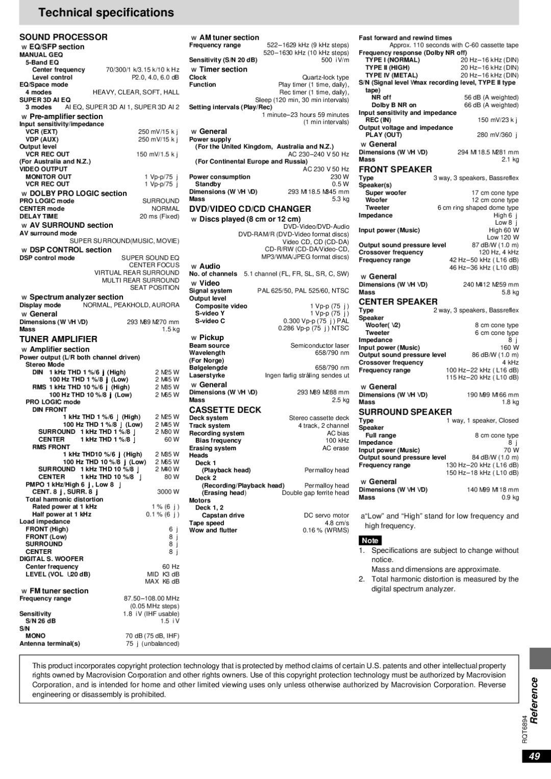 Technics SC-DV290 manual Technical specifications 