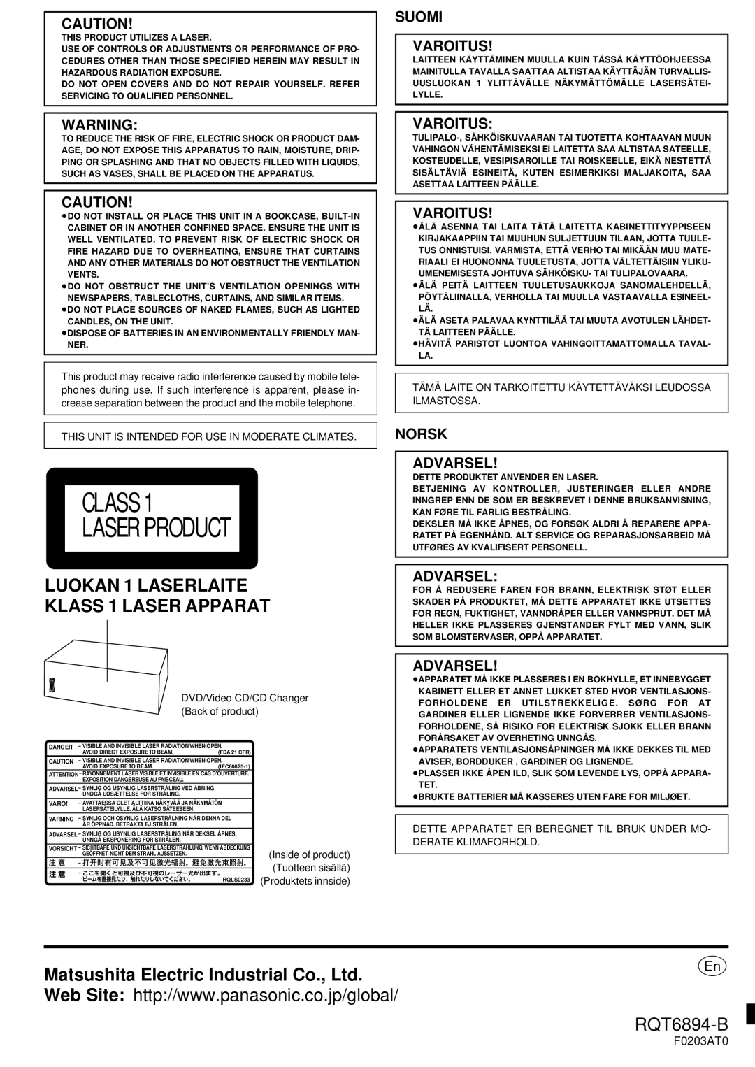 Technics SC-DV290 manual Class Laser Product 