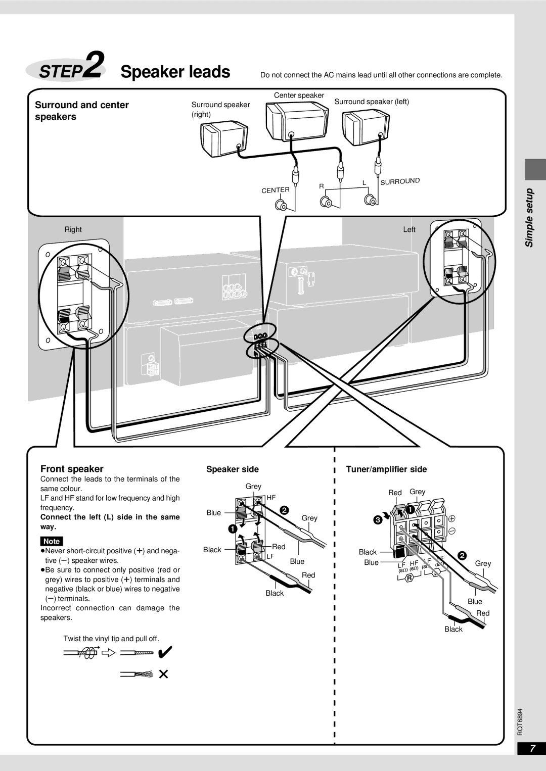 Technics SC-DV290 manual Surround and center, Speakers, Front speaker, Speaker side, Tuner/amplifier side 