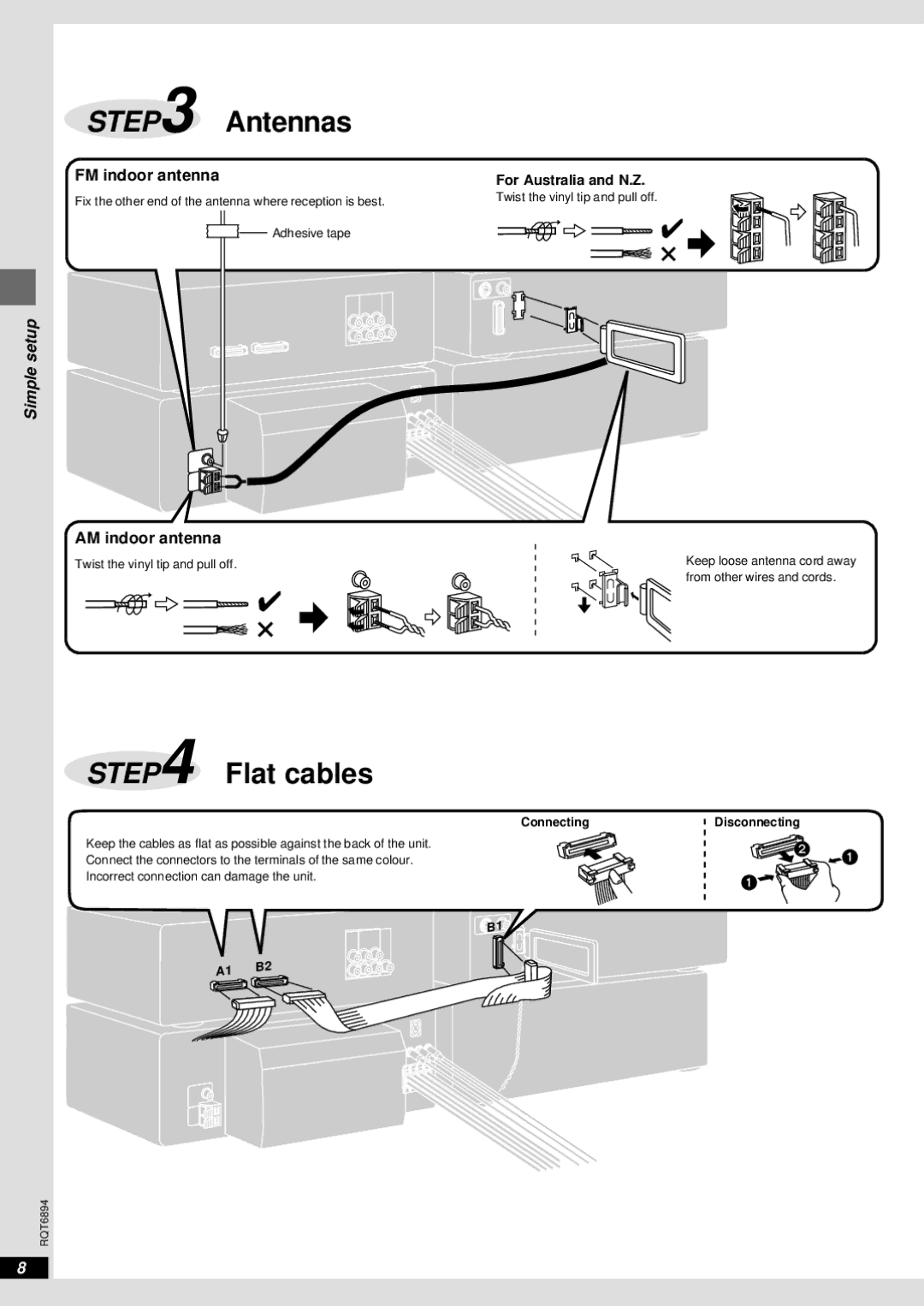 Technics SC-DV290 manual FM indoor antenna, AM indoor antenna, For Australia and N.Z, ConnectingDisconnecting 