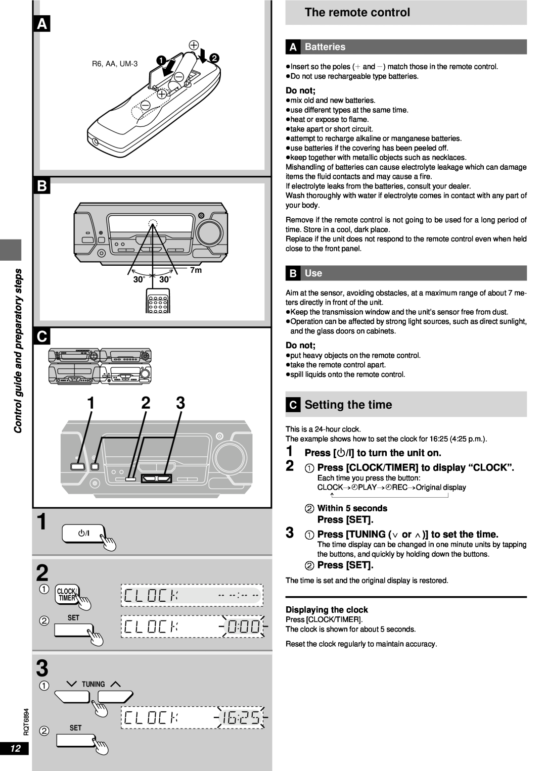 Technics SC-DV290 12 Í/I, The remote control, CSetting the time, steps, Control, Press /I to turn the unit on, Press SET 