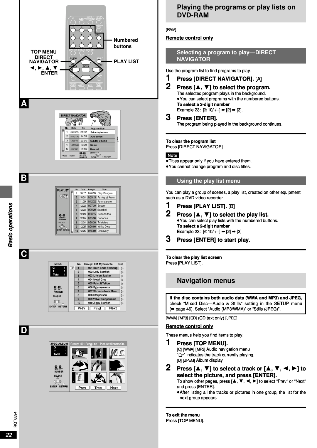 Technics SC-DV290 Playing the programs or play lists on DVD-RAM, Navigation menus, Press DIRECT NAVIGATOR. A, Press ENTER 