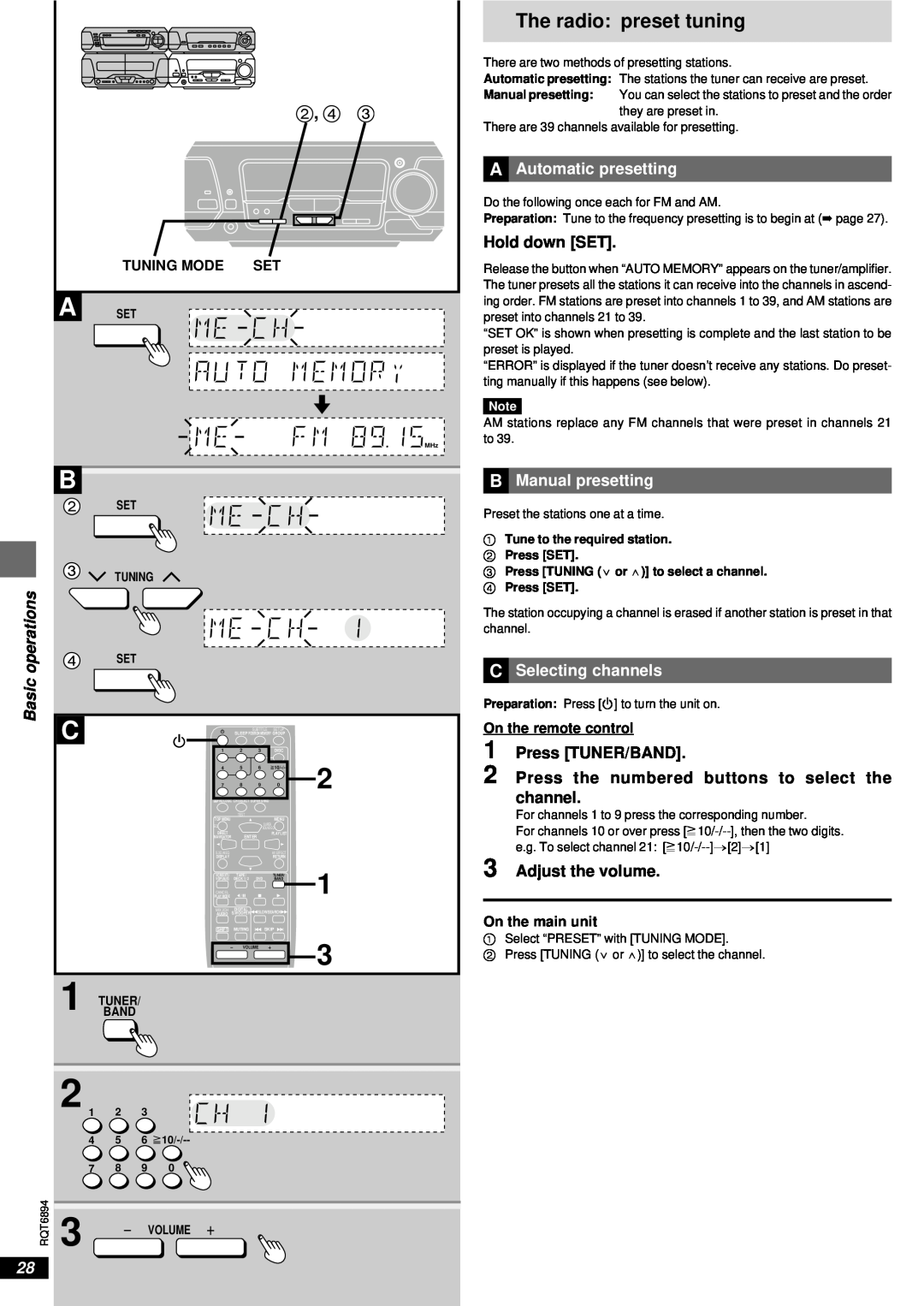 Technics SC-DV290 manual The radio preset tuning, Basic operations, Hold down SET, Press TUNER/BAND, Adjust the volume 