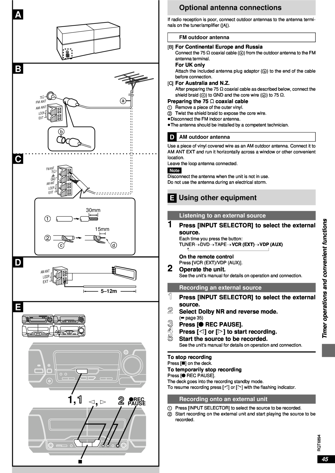 Technics SC-DV290 manual A B C D E, Optional antenna connections, E Using other equipment, source, Operate the unit, 5-12m 