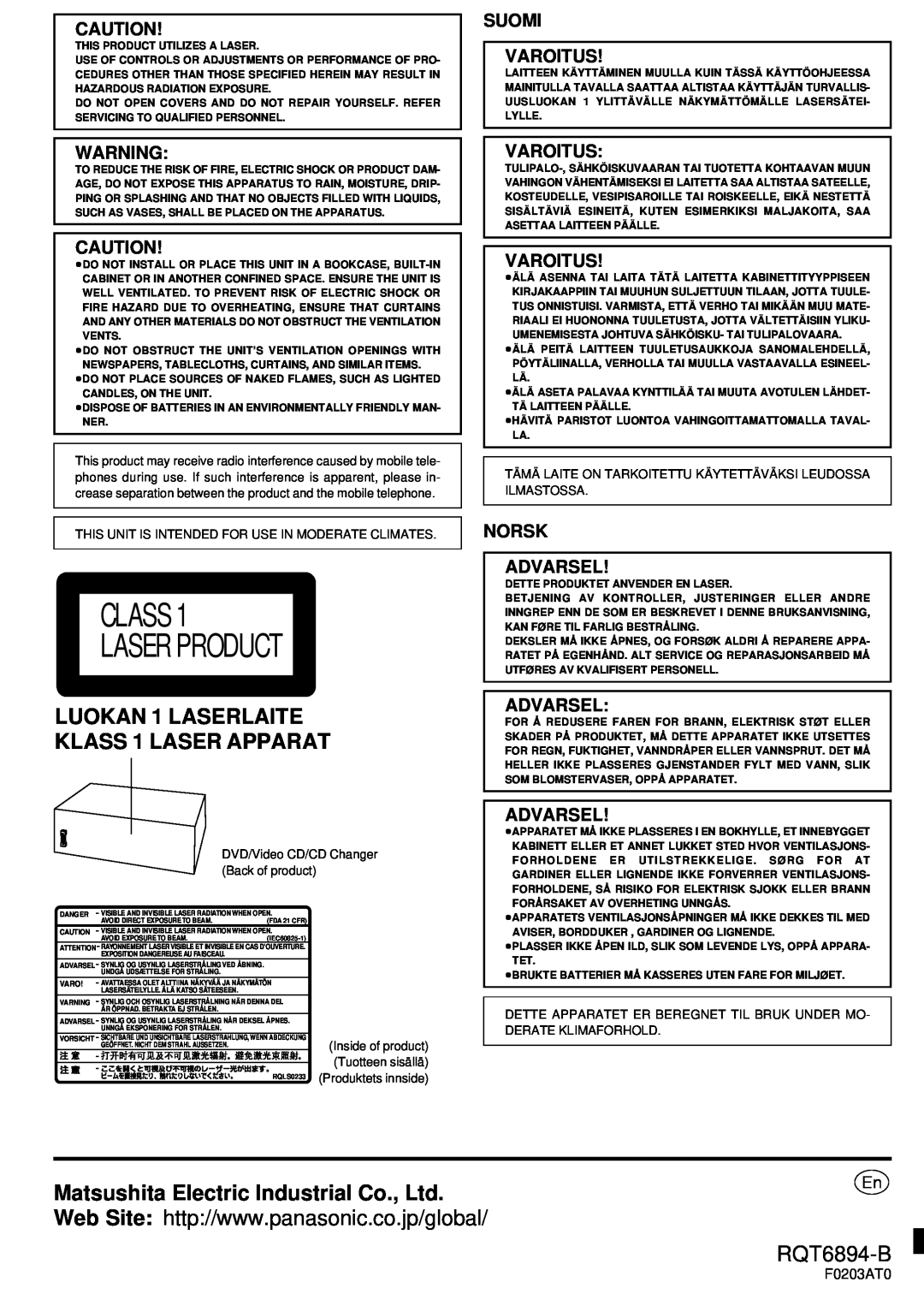 Technics SC-DV290 manual LUOKAN 1 LASERLAITE KLASS 1 LASER APPARAT, RQT6894-B, Suomi Varoitus, Norsk Advarsel 