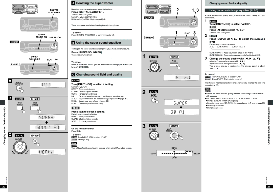 Technics SC-EH790 ªA Boosting the super woofer, ªB Using the super sound equalizer, ªC Changing sound field and quality 