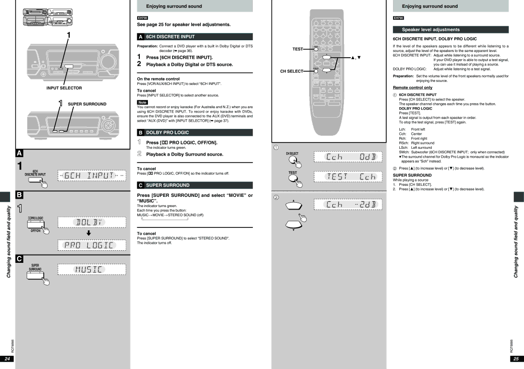 Technics SC-EH790, SC-EH590 ªA 6CH Discrete Input, ªB Dolby PRO Logic, ªC Super Surround, Speaker level adjustments 