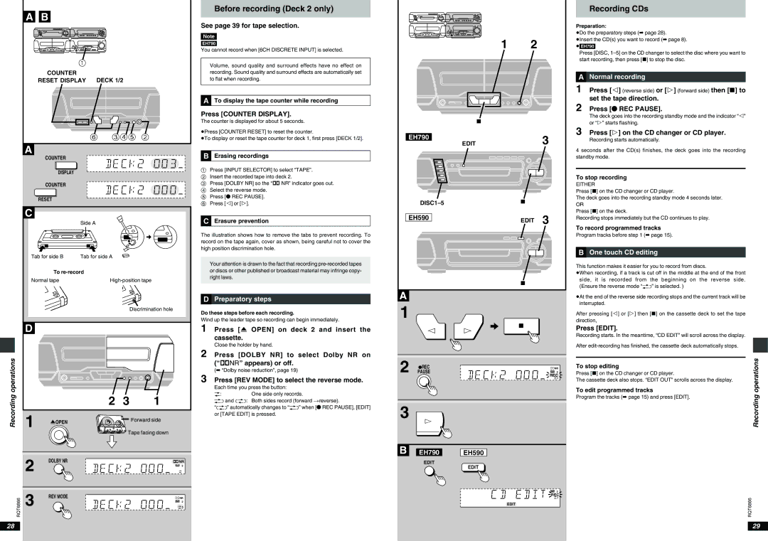 Technics SC-EH790, SC-EH590 operating instructions Before recording Deck 2 only, Recording CDs, Operations 