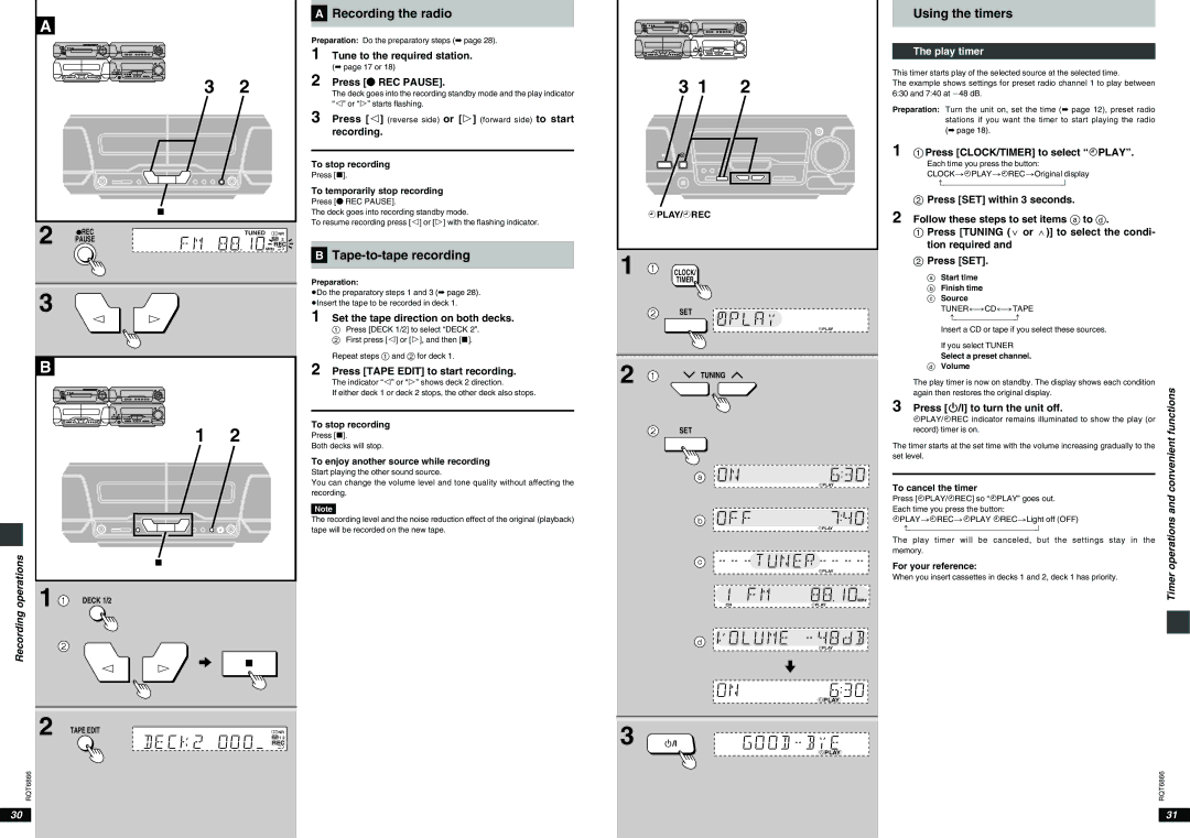 Technics SC-EH590 ªA Recording the radio, ªB Tape-to-tape recording, Using the timers, Operations Recording, Play timer 