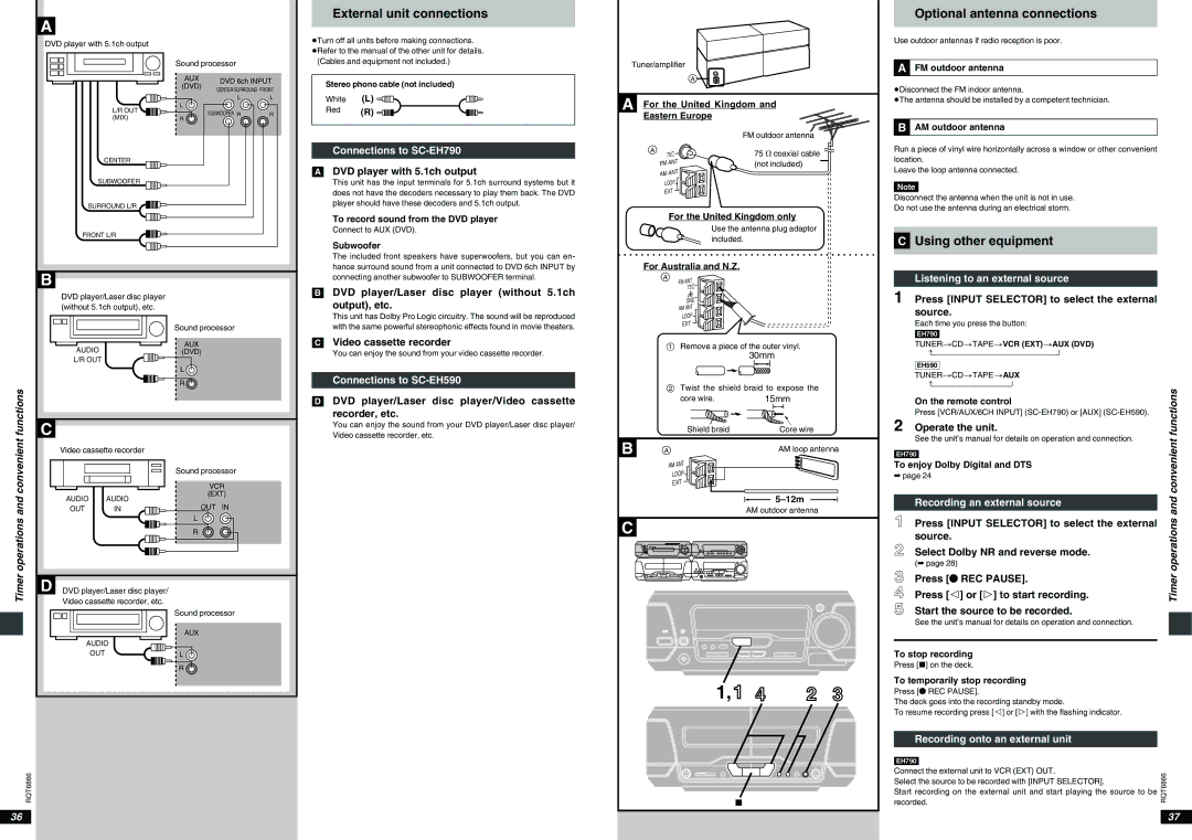 Technics SC-EH790, SC-EH590 External unit connections, Optional antenna connections, ªC Using other equipment, Timer 