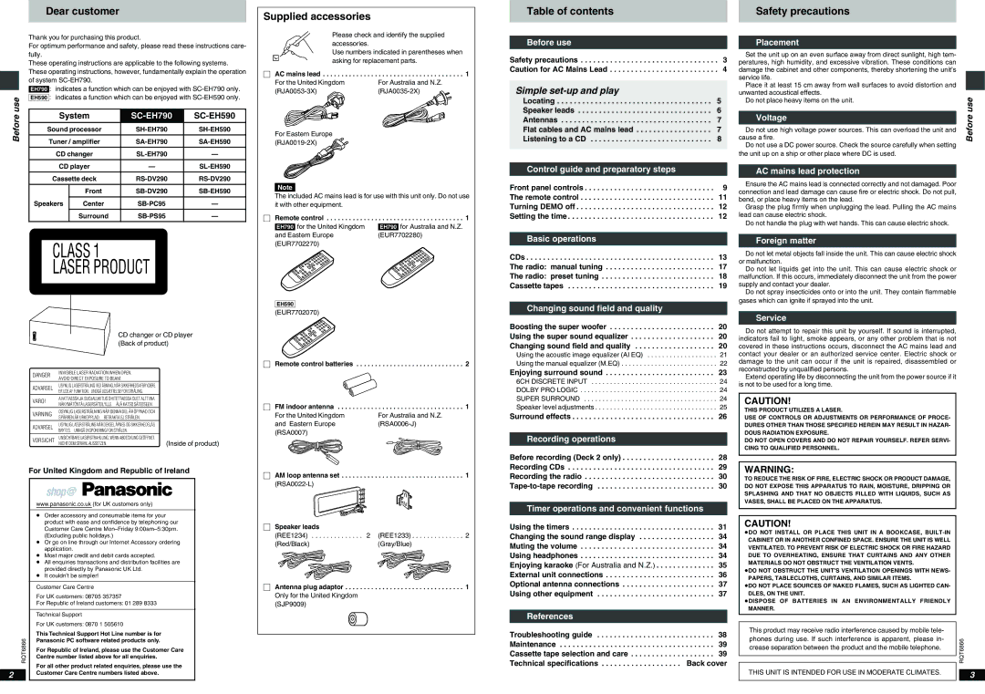 Technics SC-EH590, SC-EH790 operating instructions Dear customer, Supplied accessories, Table of contents 