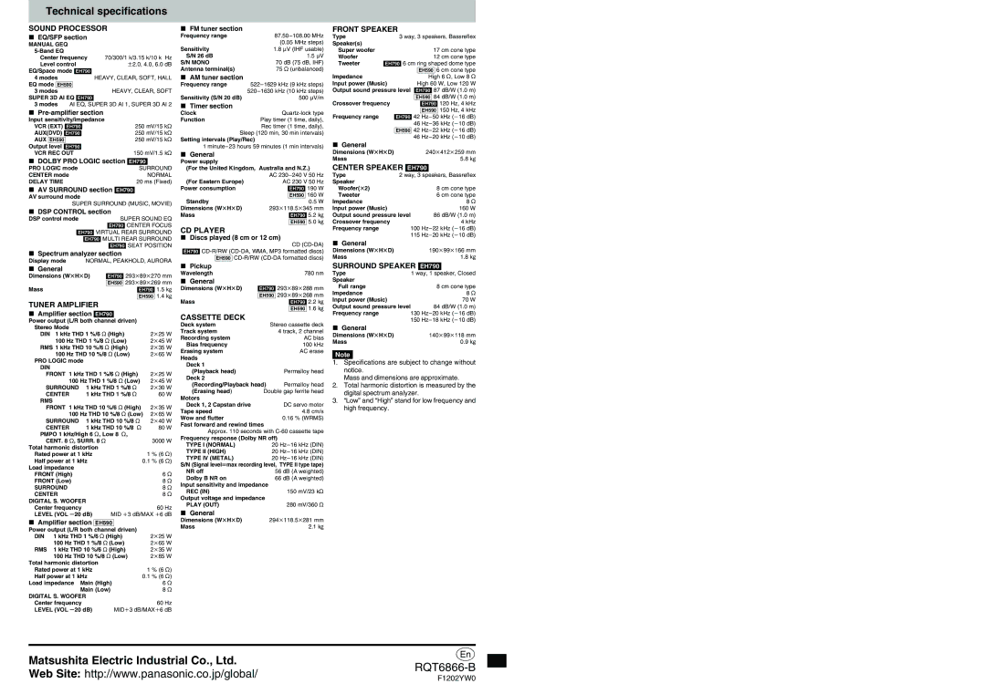 Technics SC-EH790, SC-EH590 operating instructions Technical specifications 