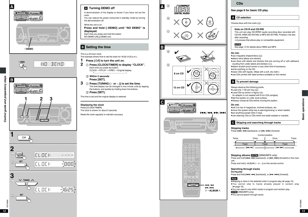 Technics SC-EH790, SC-EH590 ªB Setting the time, CDs, Turning Demo off, Preparatorysteps Control guide 