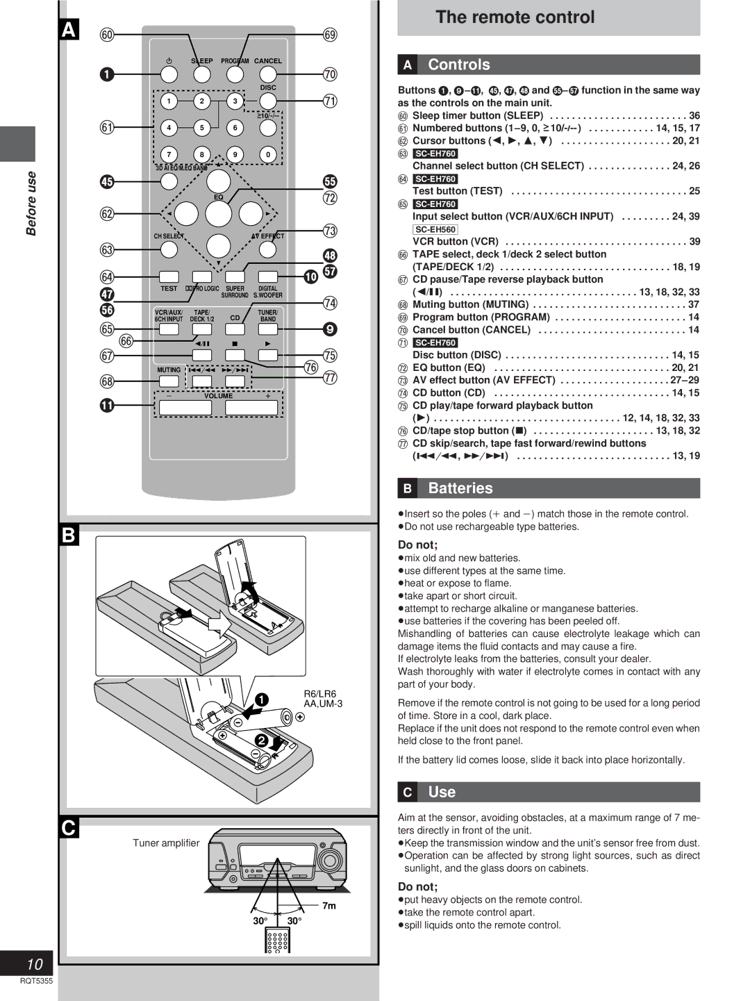 Technics SC-EH760, SC-EH560 manual Remote control, »A Controls, »B Batteries, »C Use, Do not 