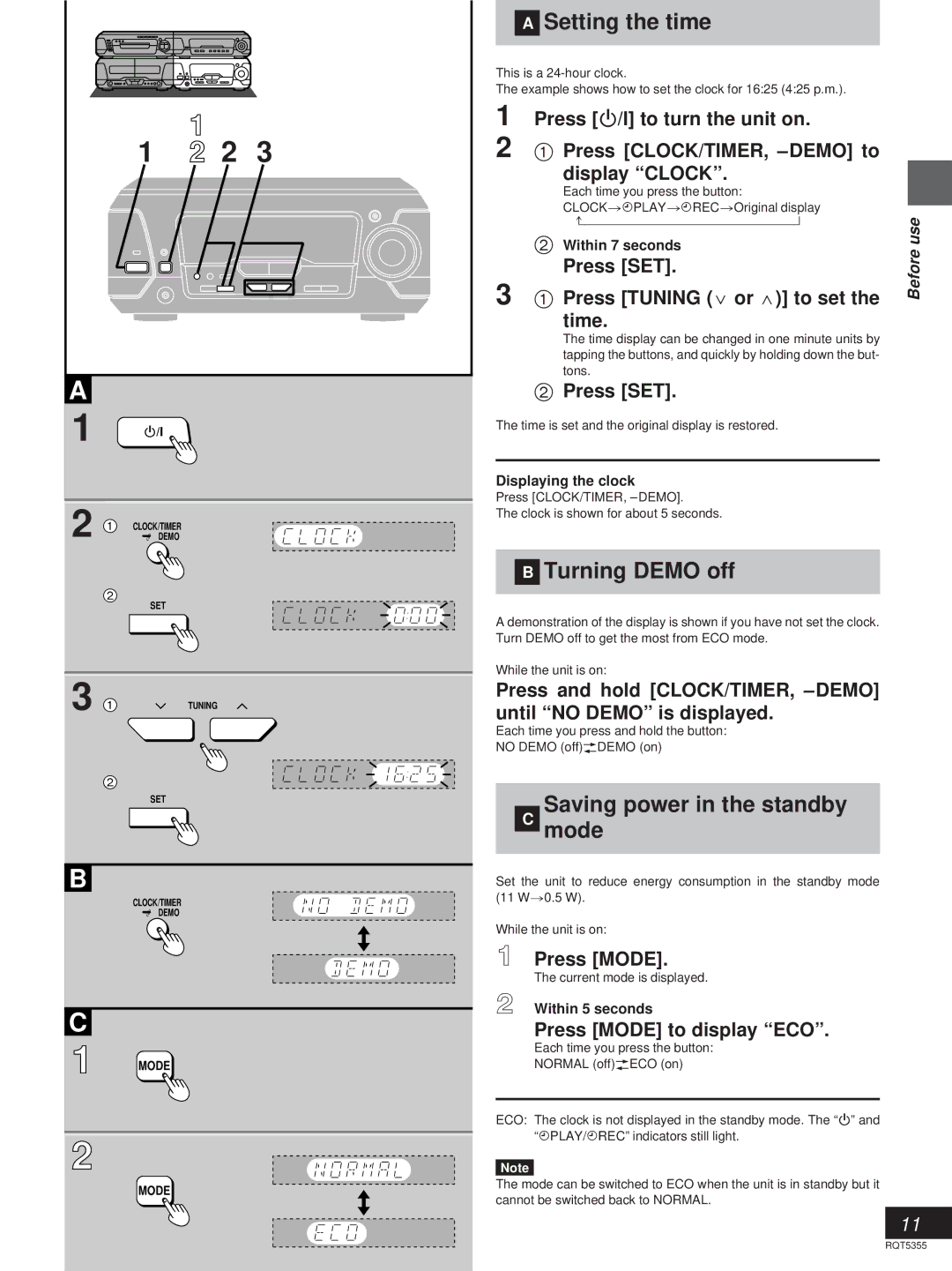 Technics SC-EH560, SC-EH760 manual »A Setting the time, »B Turning Demo off, » Saving power in the standby C mode 