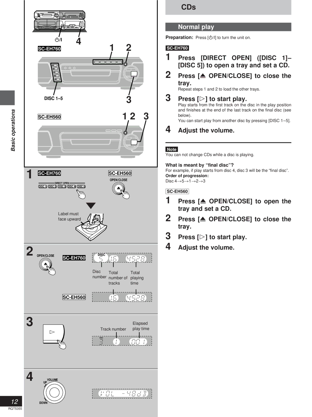 Technics SC-EH760, SC-EH560 manual CDs, Normal play, Press ! to start play, Adjust the volume, Basic operations 