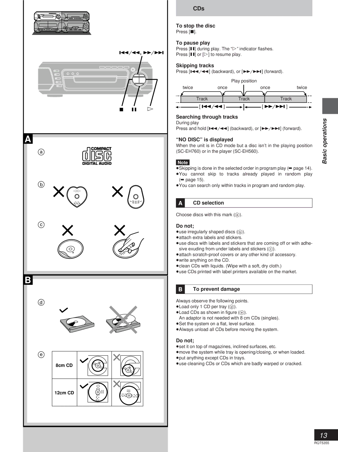 Technics SC-EH560 manual To stop the disc, To pause play, Skipping tracks, Searching through tracks, No Disc is displayed 