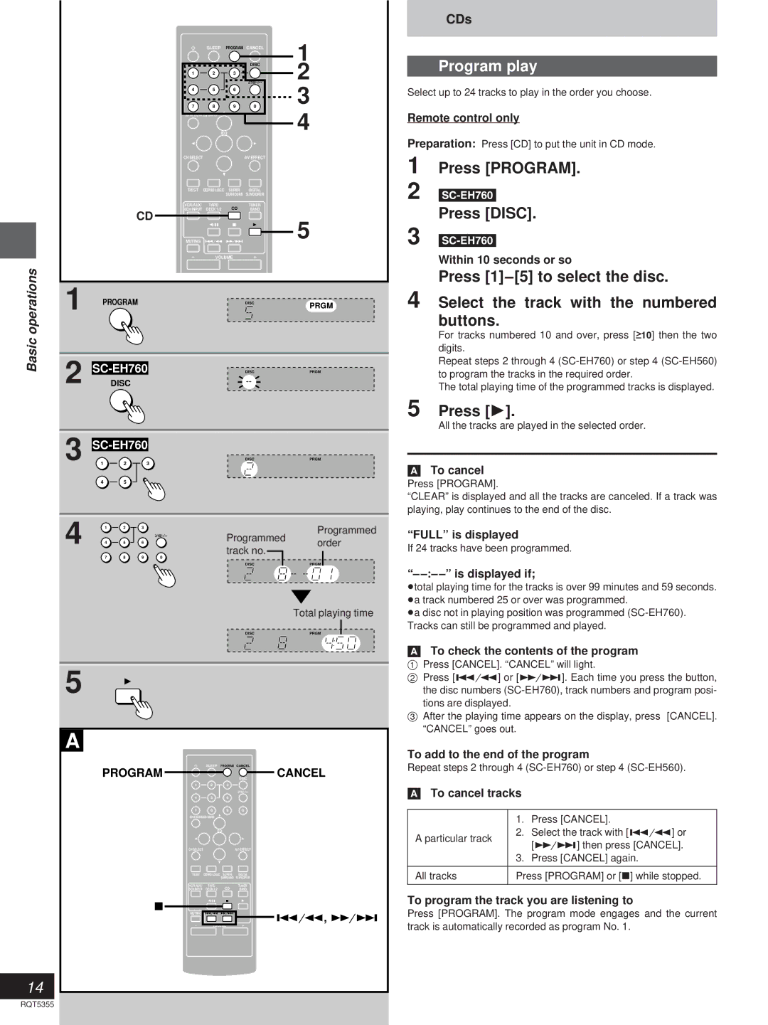 Technics SC-EH760, SC-EH560 manual Program play, Press Program, Press Disc, Program Cancel 