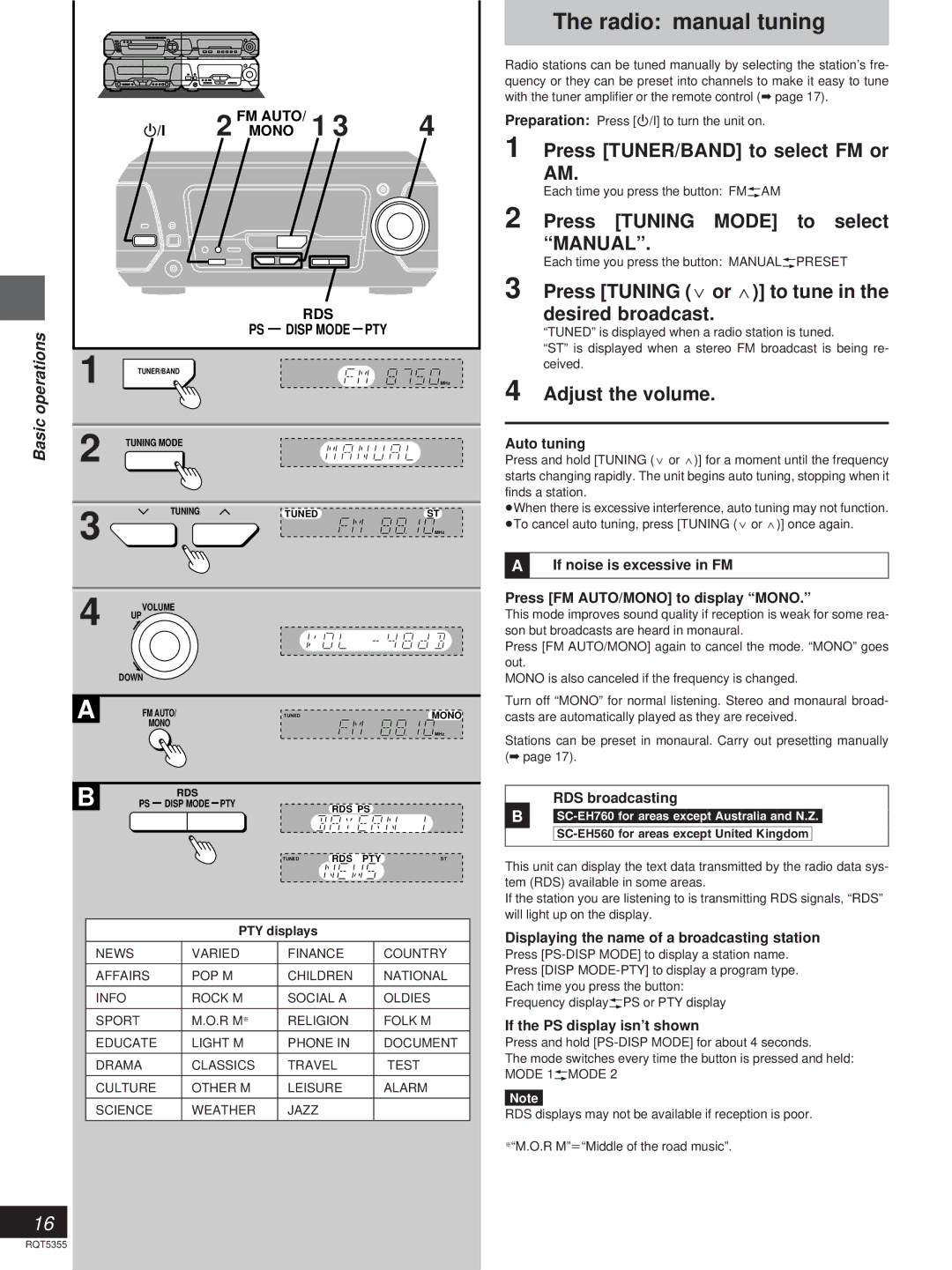 Technics SC-EH760, SC-EH560 Radio manual tuning, Press TUNER/BAND to select FM or AM, Press Tuning Mode to select Manual 