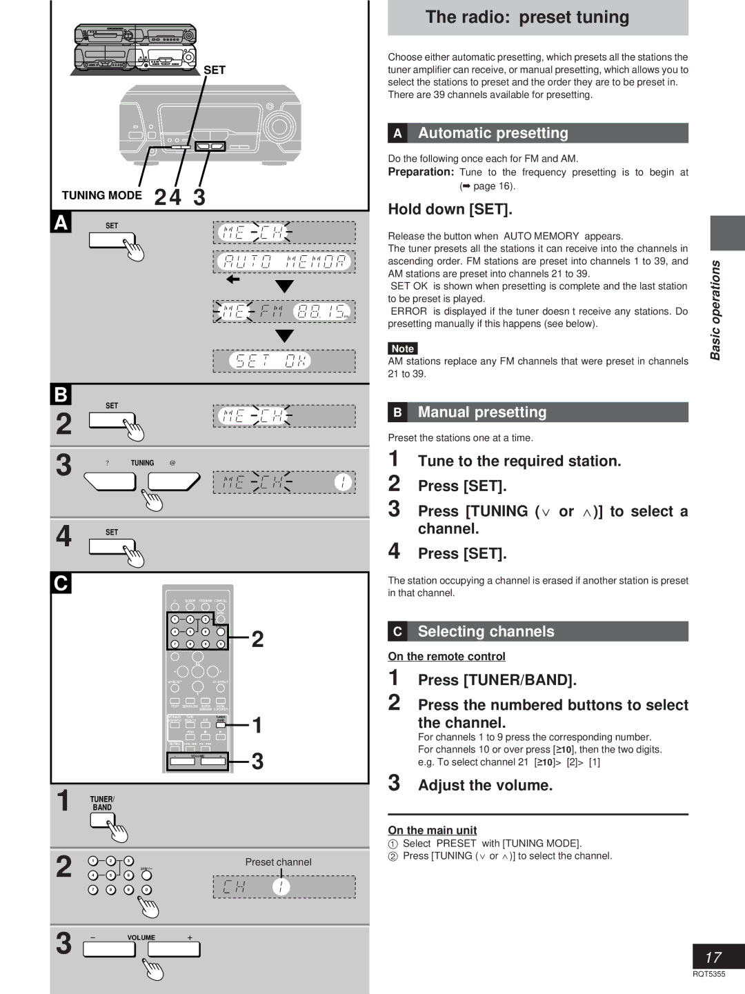 Technics SC-EH560, SC-EH760 manual Radio preset tuning, Automatic presetting, Manual presetting, »C Selecting channels 