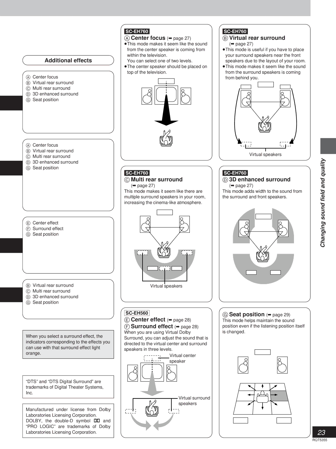 Technics SC-EH560, SC-EH760 manual Additional effects, Changing sound 