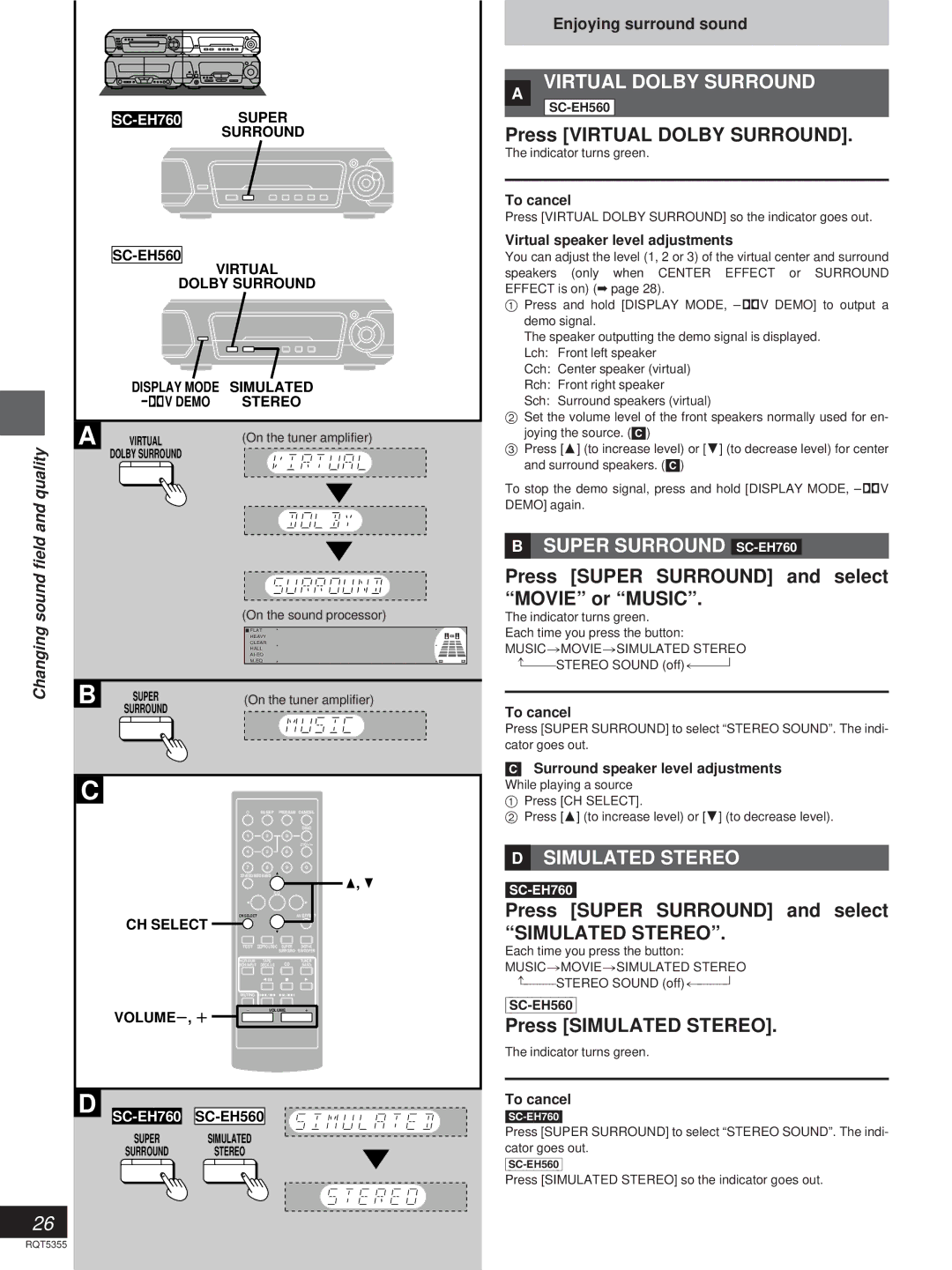 Technics SC-EH560 manual » Virtual Dolby Surround, »B Super Surround SC-EH760, »D Simulated Stereo 