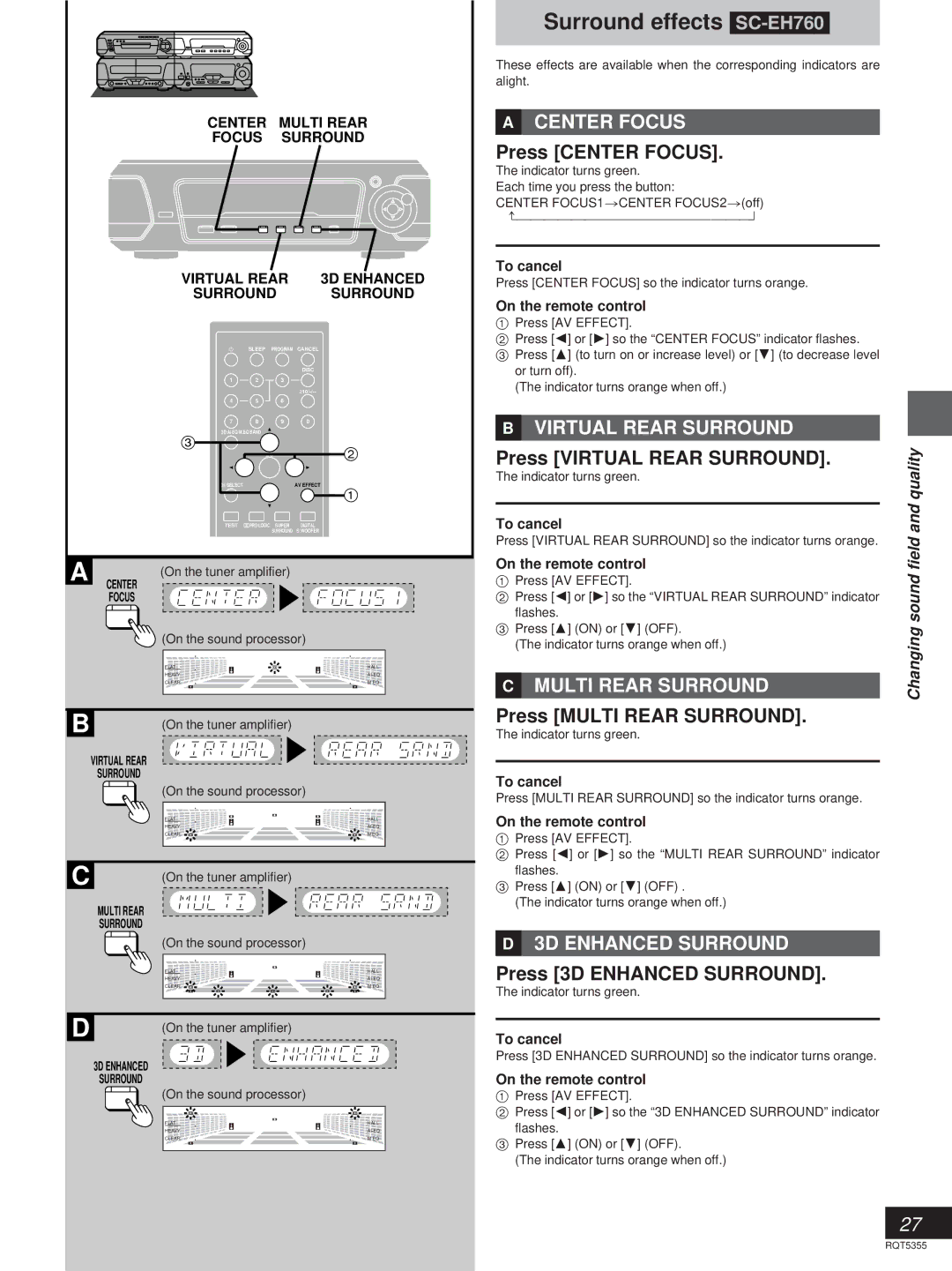 Technics SC-EH560 manual Surround effects SC-EH760, »A Center Focus, »B Virtual Rear Surround, »C Multi Rear Surround 