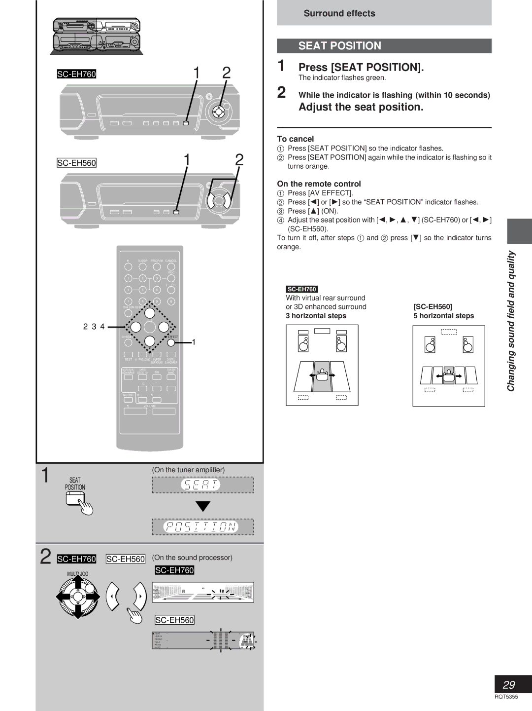 Technics SC-EH560, SC-EH760 manual Press Seat Position, Adjust the seat position, Horizontal steps 