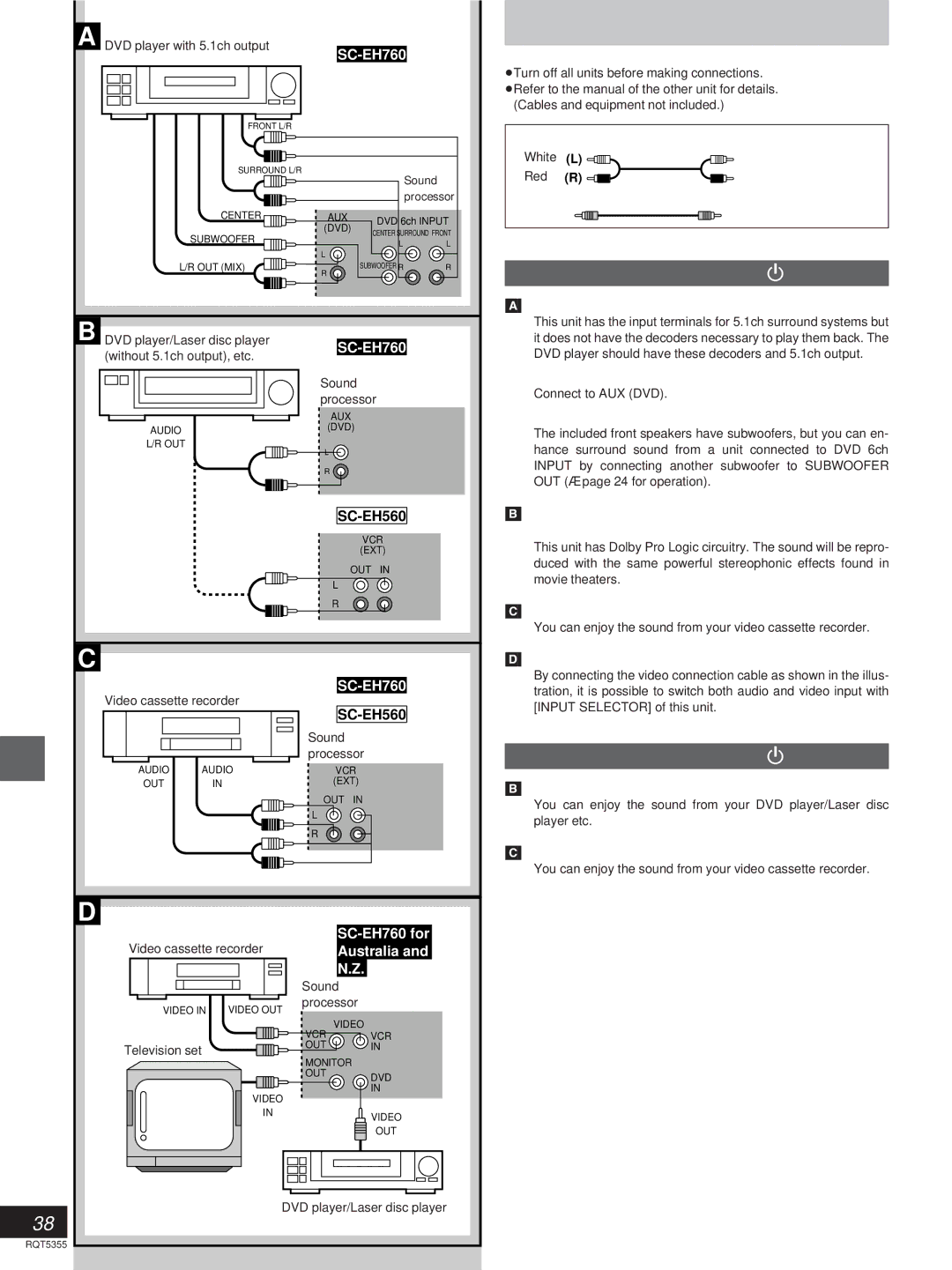 Technics manual External unit connections, Connections to SC-EH760, Connections to SC-EH560, Convenient functions 