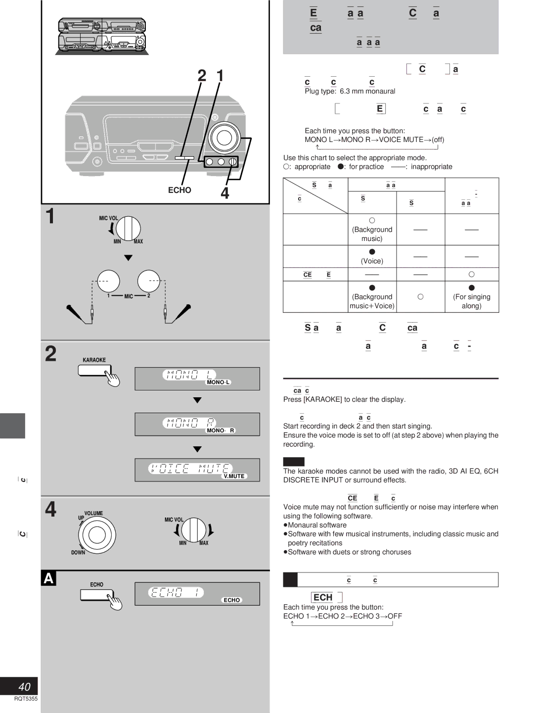 Technics SC-EH760, SC-EH560 manual Enjoy karaoke with CDs Cassettes, Press Karaoke to select a voice mode, Press Echo 