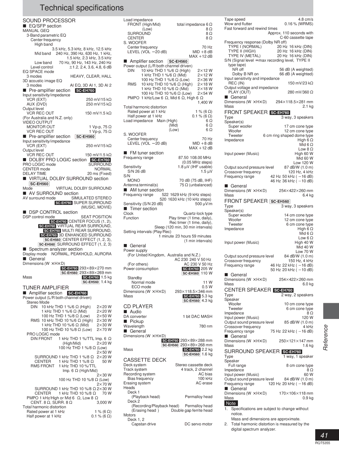 Technics SC-EH560, SC-EH760 manual Technical specifications, Reference 