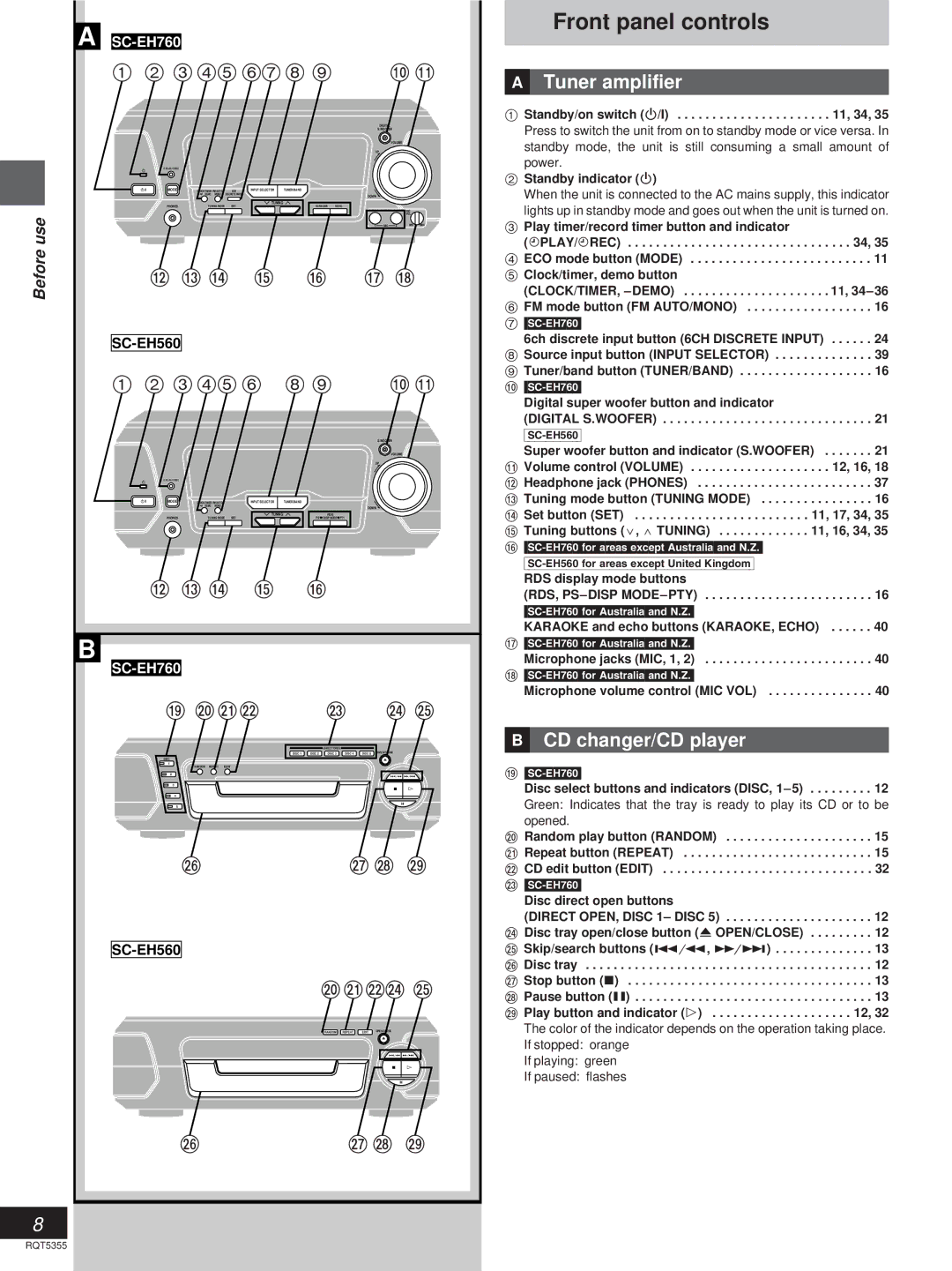 Technics SC-EH760 manual Front panel controls, »A Tuner amplifier, »B CD changer/CD player, SC-EH560 