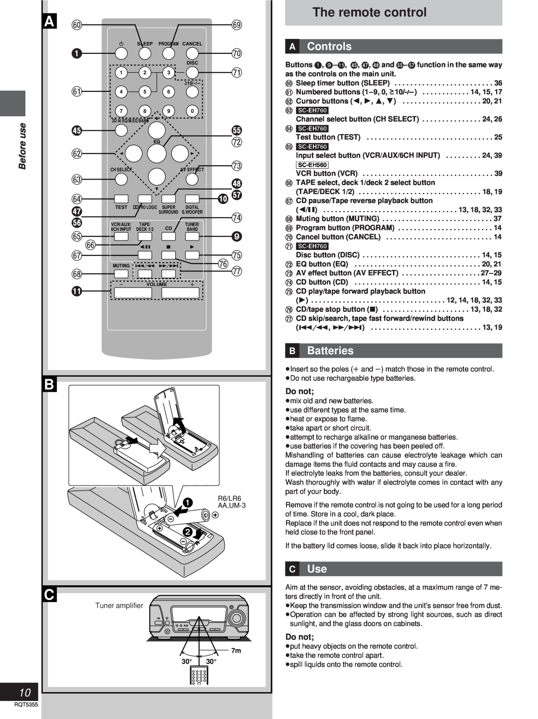 Technics SC-EH760, SC-EH560 manual The remote control, »A Controls, ` i z, »B Batteries, »C Use 
