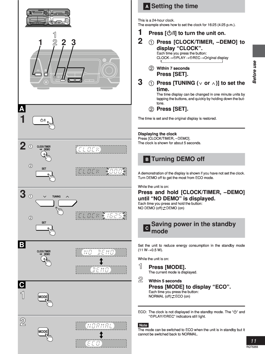 Technics SC-EH560 manual 1 H/I, »A Setting the time, »B Turning DEMO off, »Saving power in the standby C mode, Press SET 