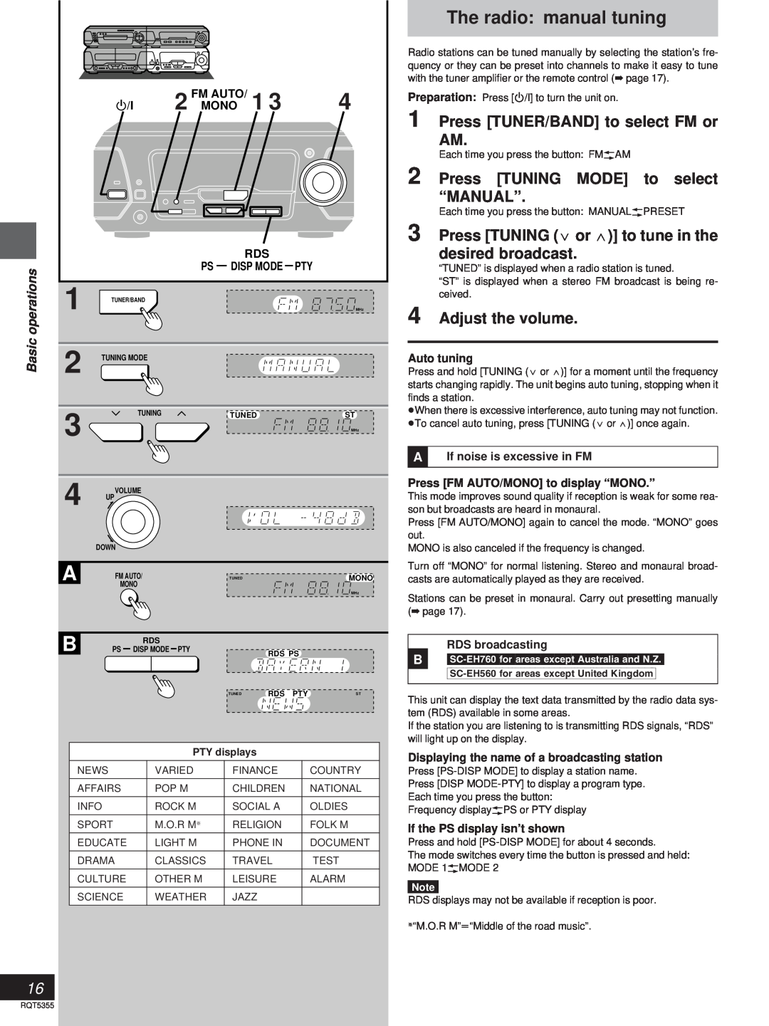 Technics SC-EH760 The radio manual tuning, Press TUNER/BAND to select FM or AM, Press TUNING MODE to select “MANUAL”, Mono 