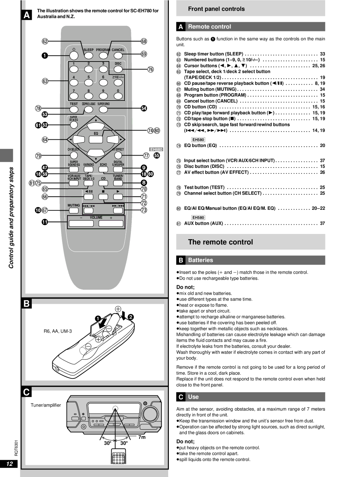 Technics SC-EH780, SC-EH680, SC-EH580 manual »A Remote control, Control guide and preparatory steps, »B Batteries, »C Use 