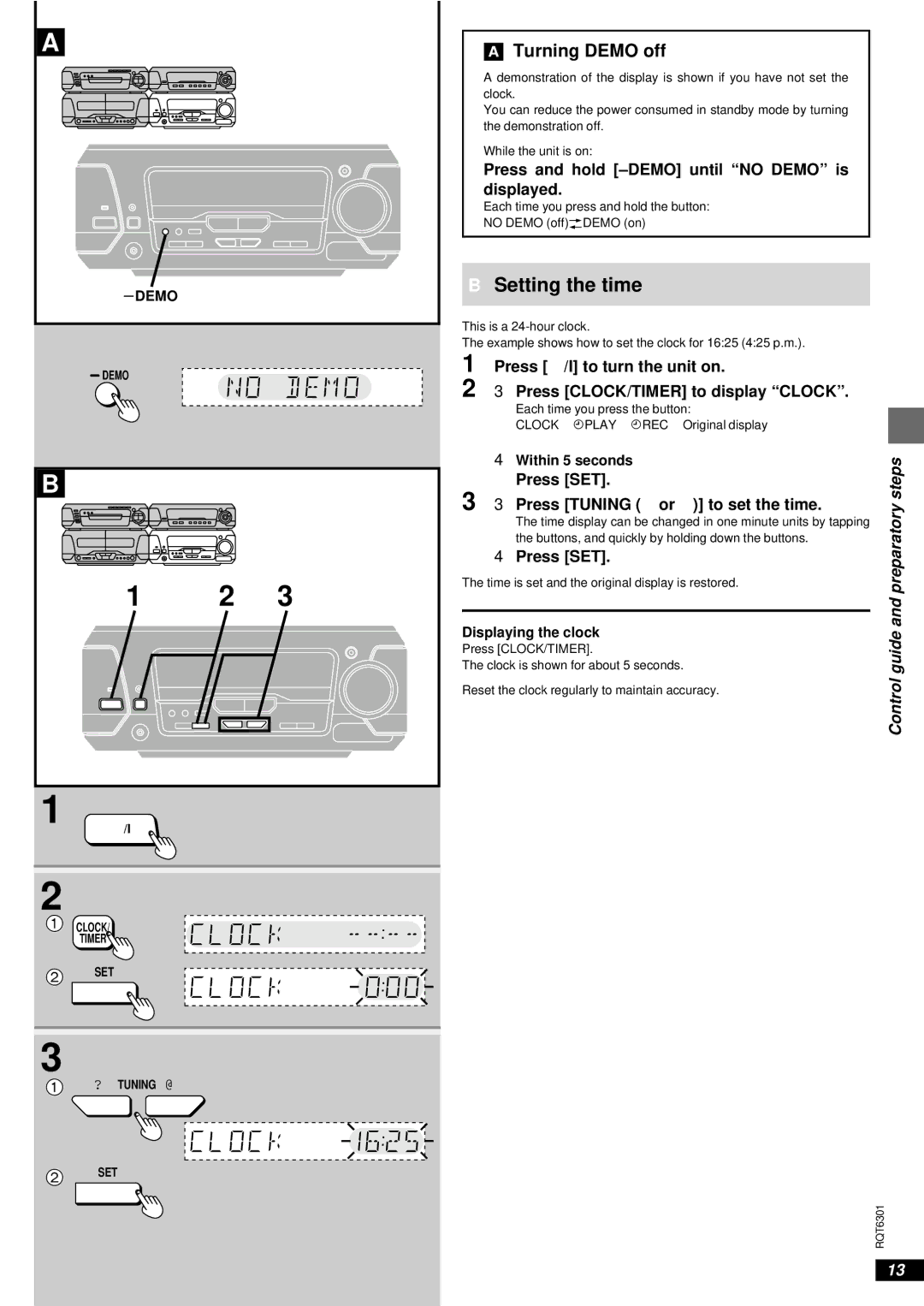 Technics SC-EH680, SC-EH780 manual »B Setting the time, Press and hold -DEMO until no Demo is displayed, Press SET, Guide 